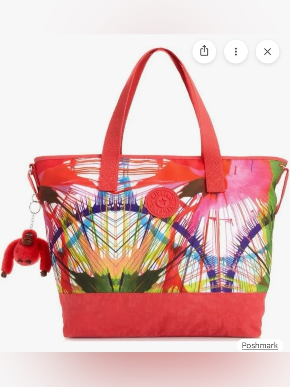 Kipling Brasil Asiena Print Beach Bag with Monkey Charm NWOT